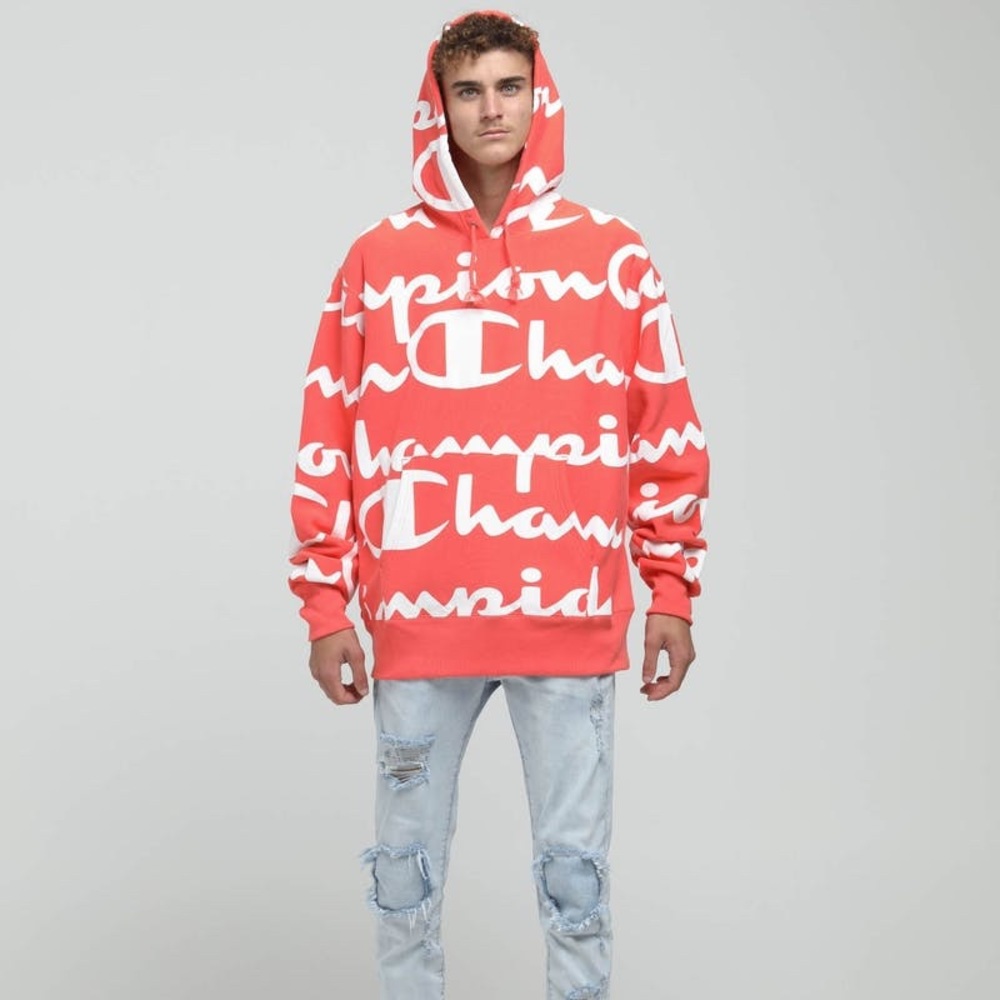 SOLD.  Champion All Over Print Hoodie, Papaya XL